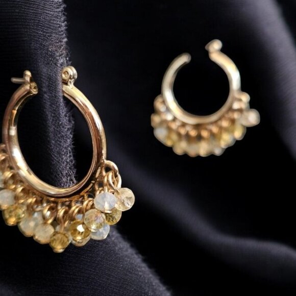 Goldtone with White and Gold Dangling Gemstone Hoop Earring - Picture 4 of 4